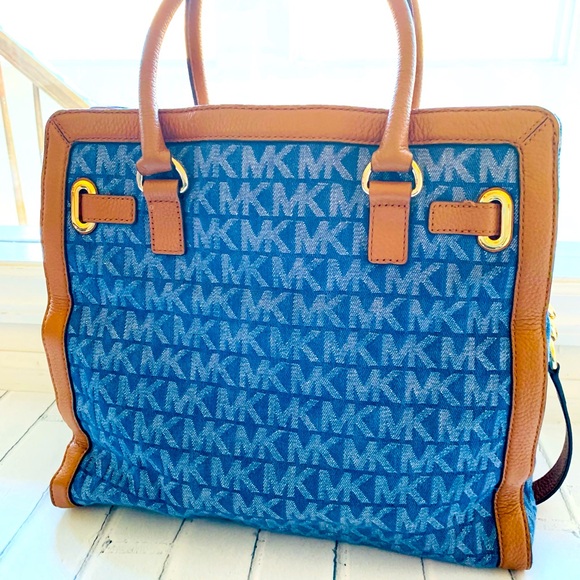 Rare! Michael Kors Hamilton Frame Out Denim Tote - Picture 2 of 15